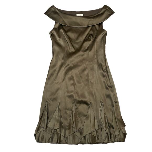 NEW Karen Millen Silk Off Shoulder Mini Dress Metallic Khaki Green - US Size 6 - Picture 1 of 11